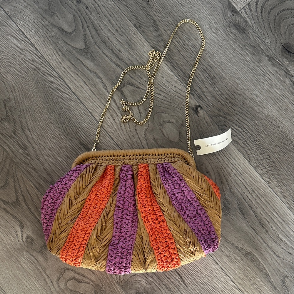 Anthropologie Purple, Orange, and Tan Woven Clutch